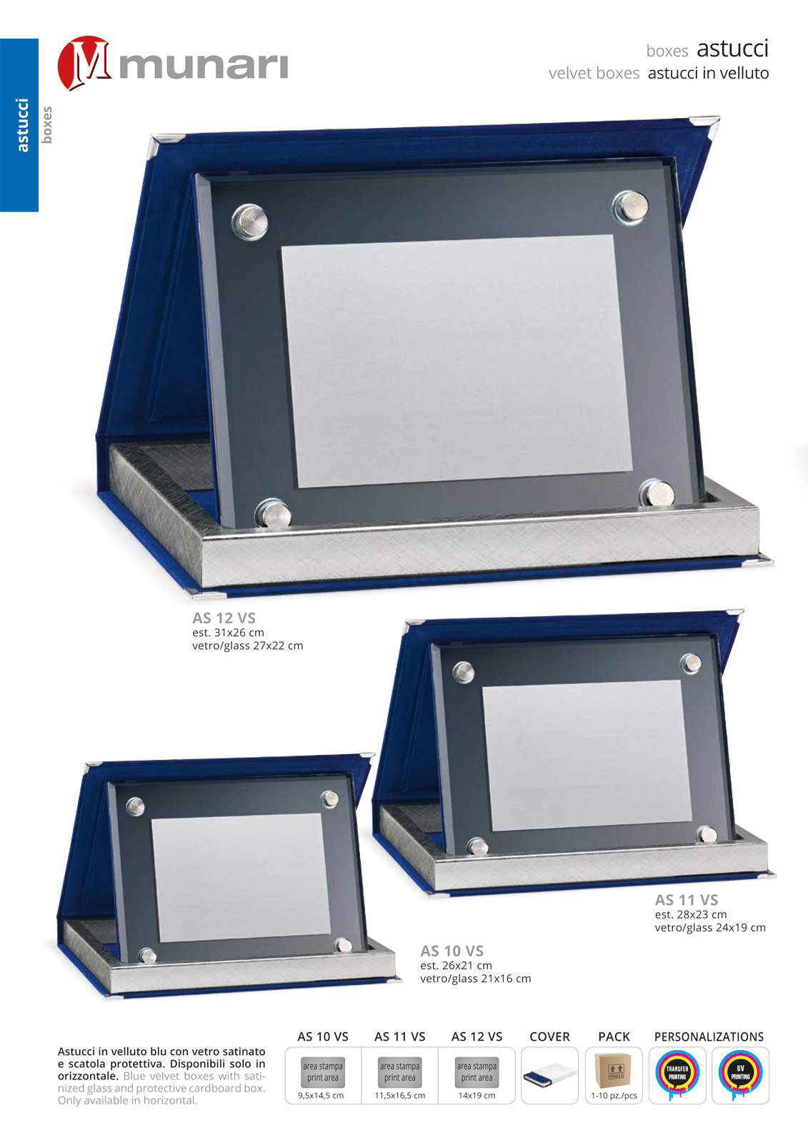 Blue velvet boxes series AS 10VS with glass plaque holder