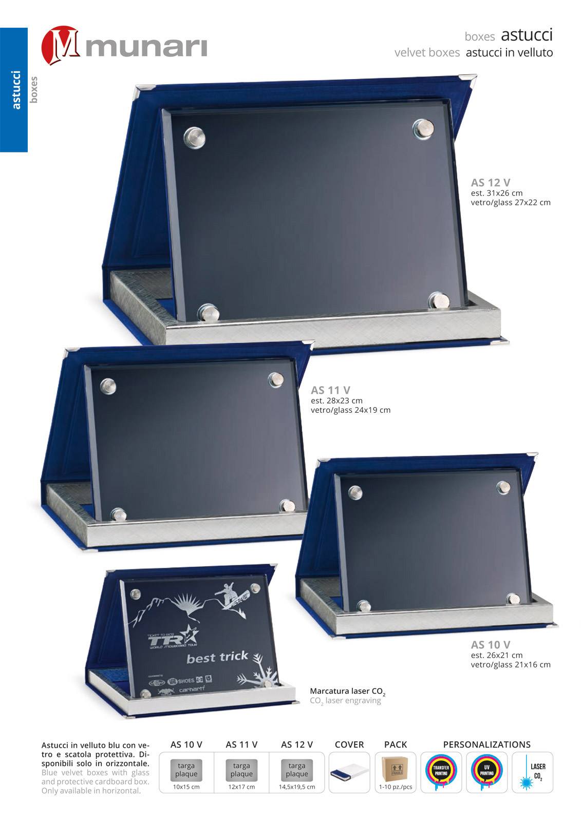 Blue velvet boxes series AS 10V with glass plaque holder