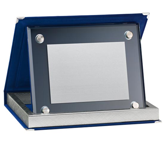 Blue velvet boxes series AS 10VS with glass plaque holder