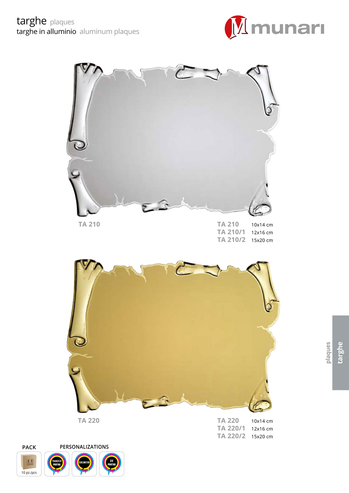 Targhe in alluminio dorato per stampa transfer o sublimazione serie TA 220